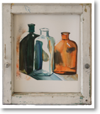 Flaschen1 – Aquarell in antikem Fenster – Fenstergröße: 39x43 cm – Preis: € 250