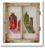 Flaschen3 – Aquarell in antikem Fenster – Fenstergröße: 53x57 cm – Preis: € 250